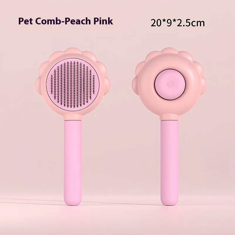 Self-cleaning pet grooming brush comb with spray function in green, white, and pink for cats and dogs