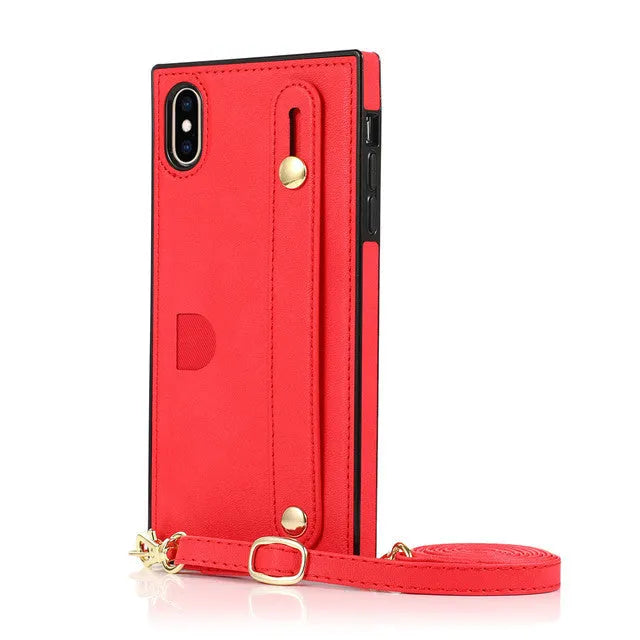 Leather messenger phone case with card holder compartment and wristband holster for iPhone
