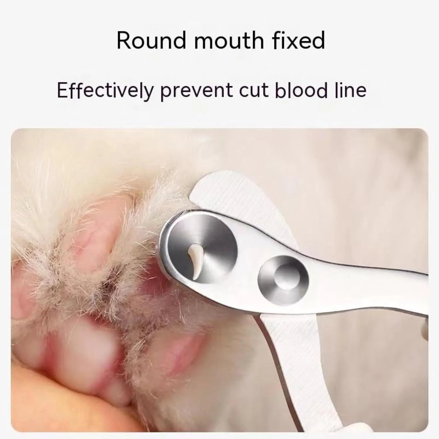 Blue pet nail clipper with circular cut hole and cushioned non-slip handle