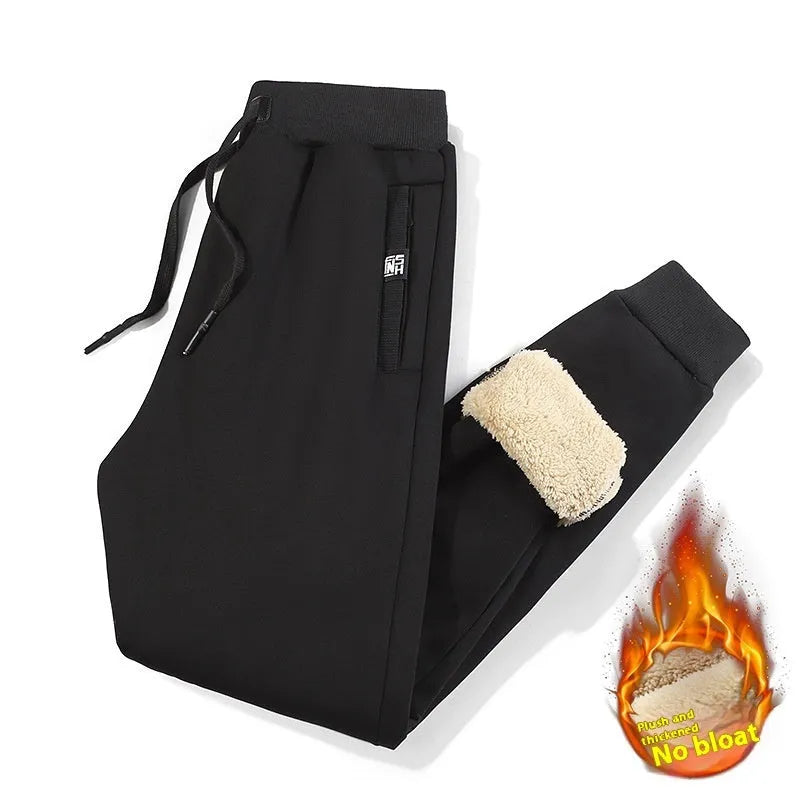 Men's grey fleece-lined cotton track pants with elastic waist and straight leg cut