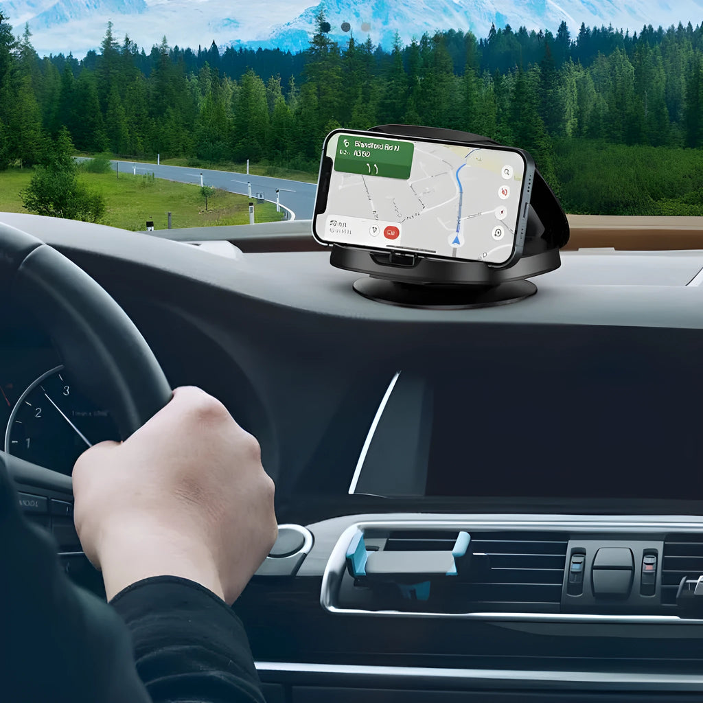 Black rotating suction cup car phone mount with universal clamp for navigation devices