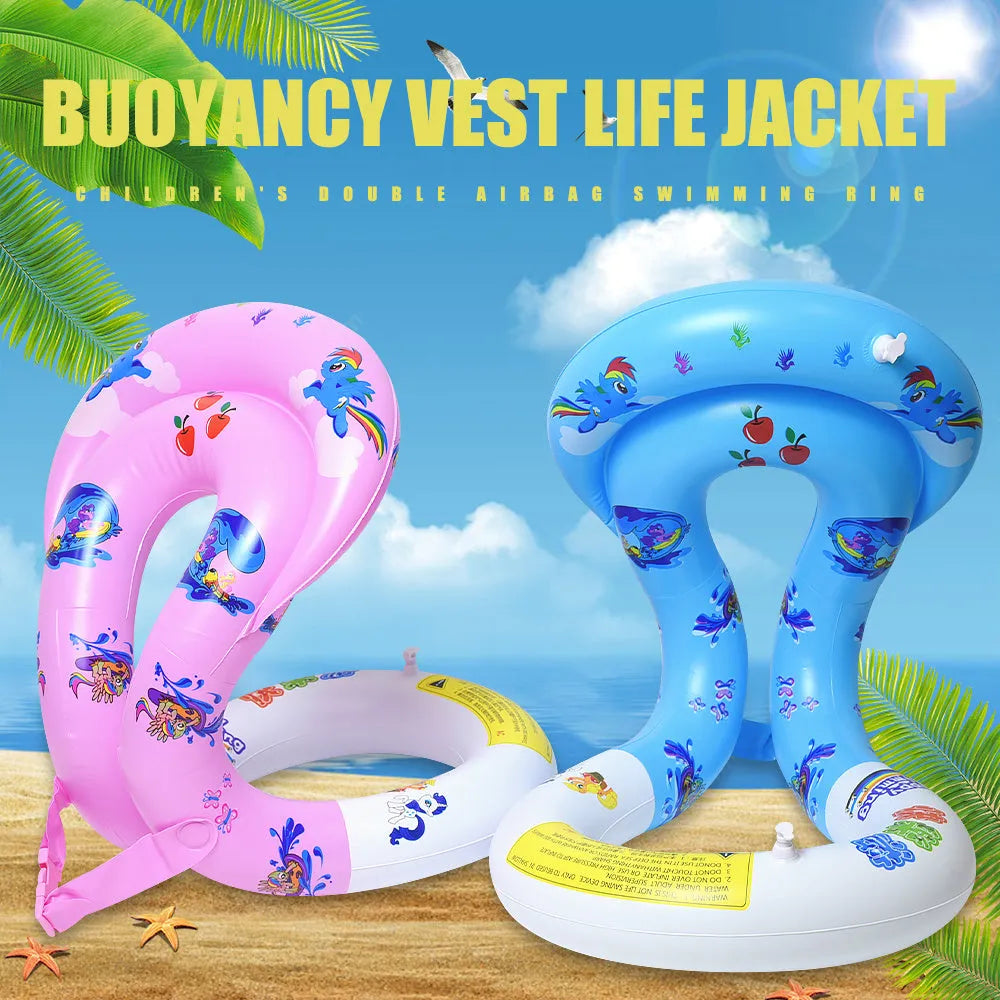Happy Tour thickened double airbag swim vest in PVC with printed pattern, pink and blue options