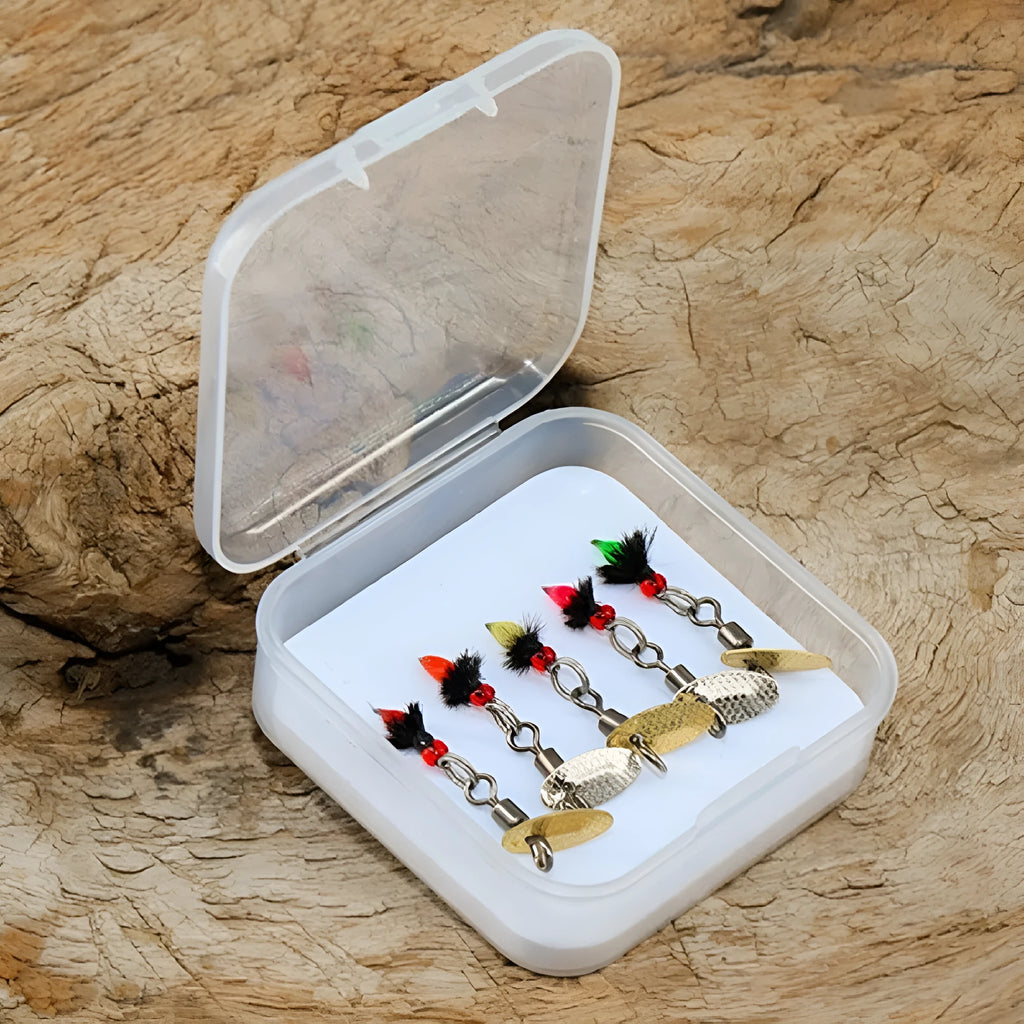 Five bionic poisonous mosquito and fly fishing hooks with multicolour patterns and sequins