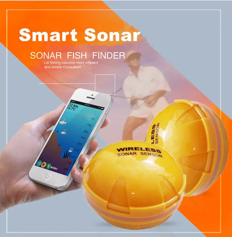 Yellow wireless sonar fish finder on water with depth reading display