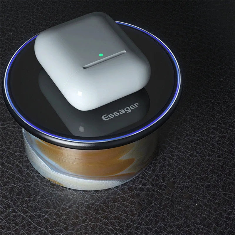 Black or white 15W fast wireless charging pad with LED light and aluminium alloy finish.