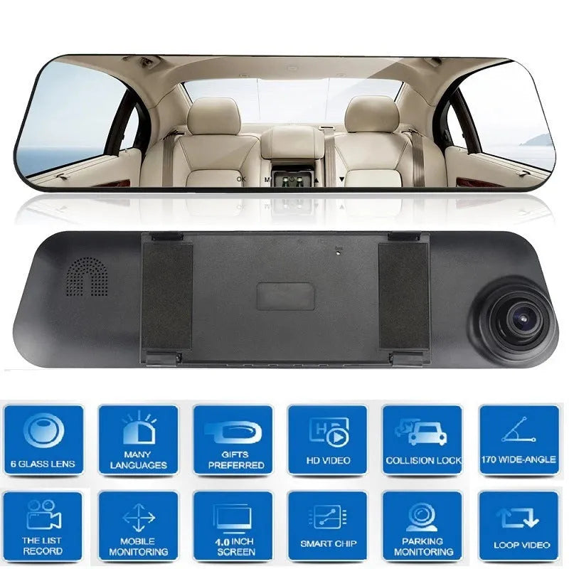 White glass mirror driving recorder with 140 degree angle mounted over car rearview mirror