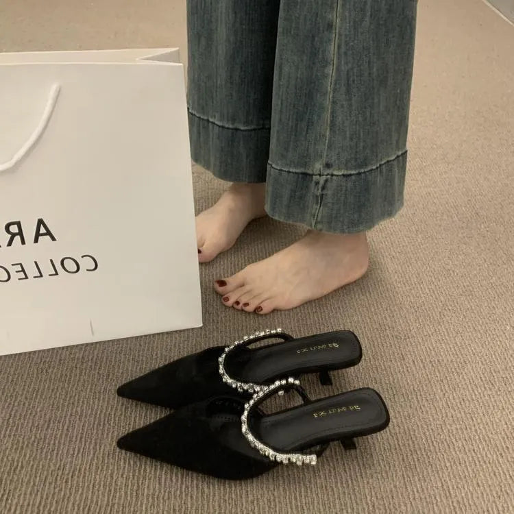Black women's rhinestone pointed toe half slippers with suede upper and rubber sole