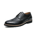 Men's black leather business formal low top round toe pumps with PU sole and sewing line detail