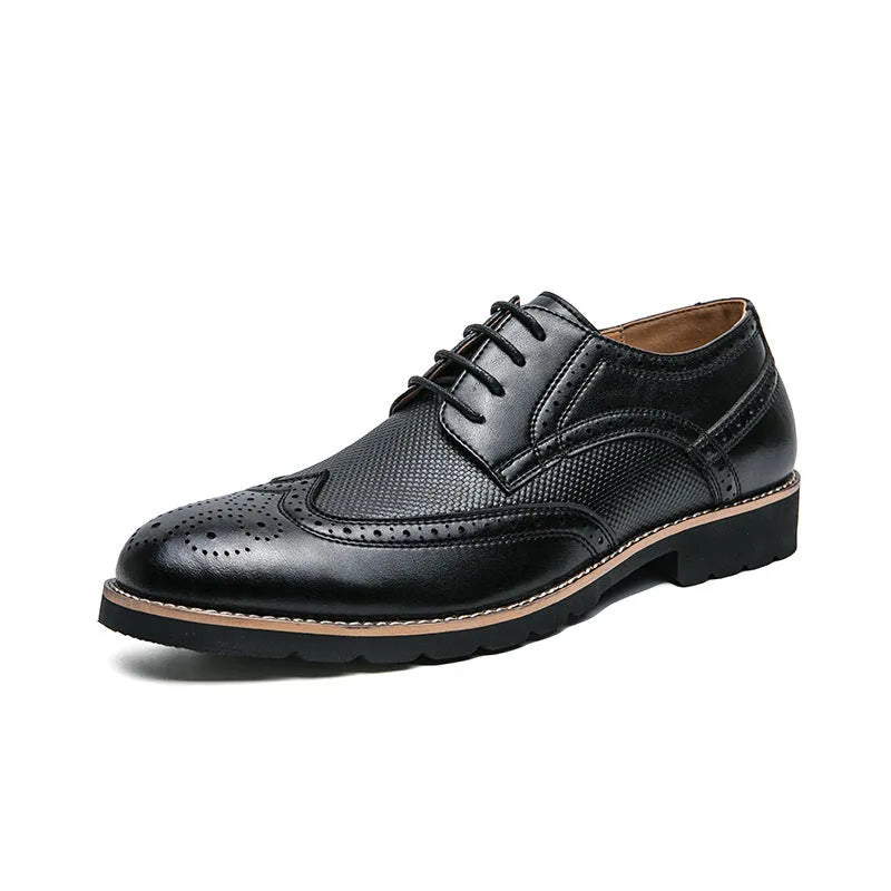Men's black leather business formal low top round toe pumps with PU sole and sewing line detail