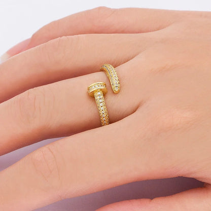 Adjustable geometric nail ring with gold-plated gem inlay, suitable for men and women