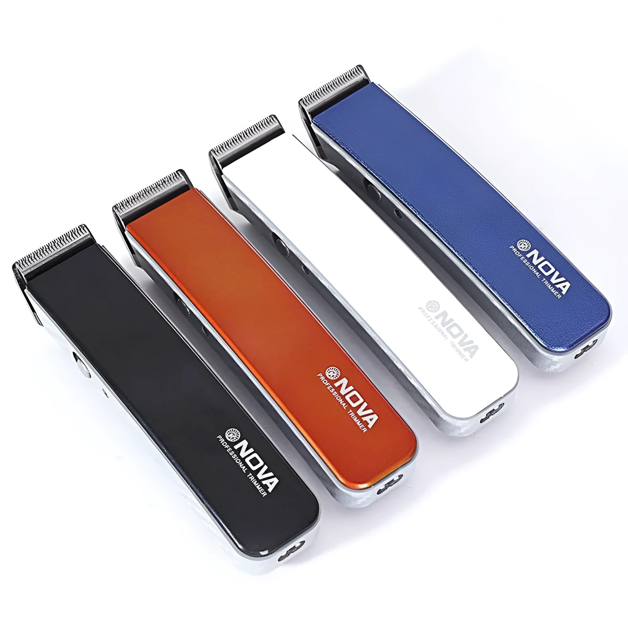 Electric hair clipper with removable blade head in five colour options: black, blue, orange, red, white.
