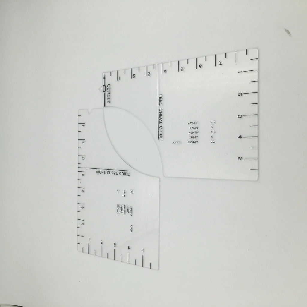 Transparent acrylic sewing ruler patch for T-shirt alignment, 10x6 inches.