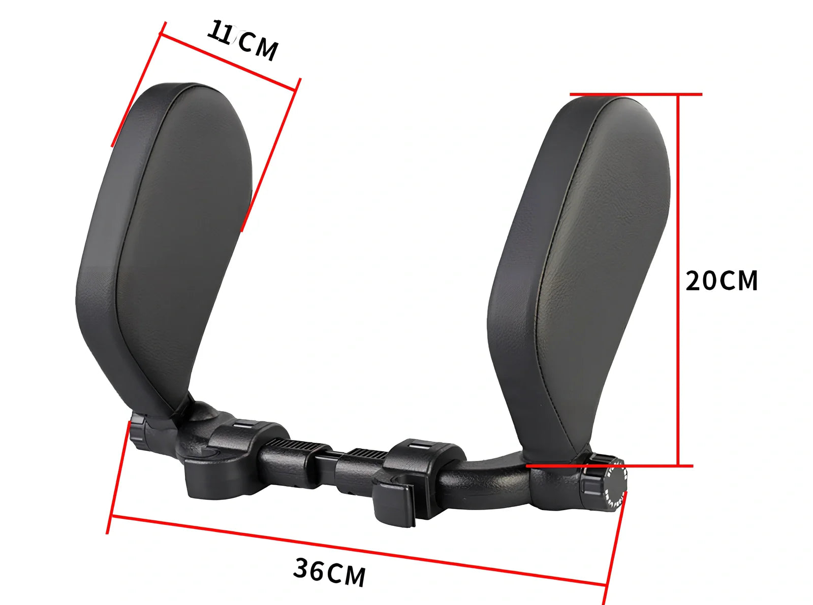 Adjustable car headrest pillow with 36cm bracket and 14cm rotating PU leather cushion