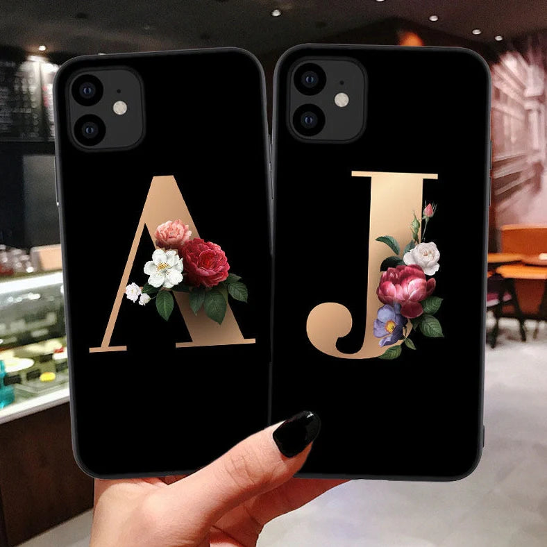 26 English alphabet silicone phone cases featuring individual letter designs with TPU material construction and painted cartoon styling for personalised device protection