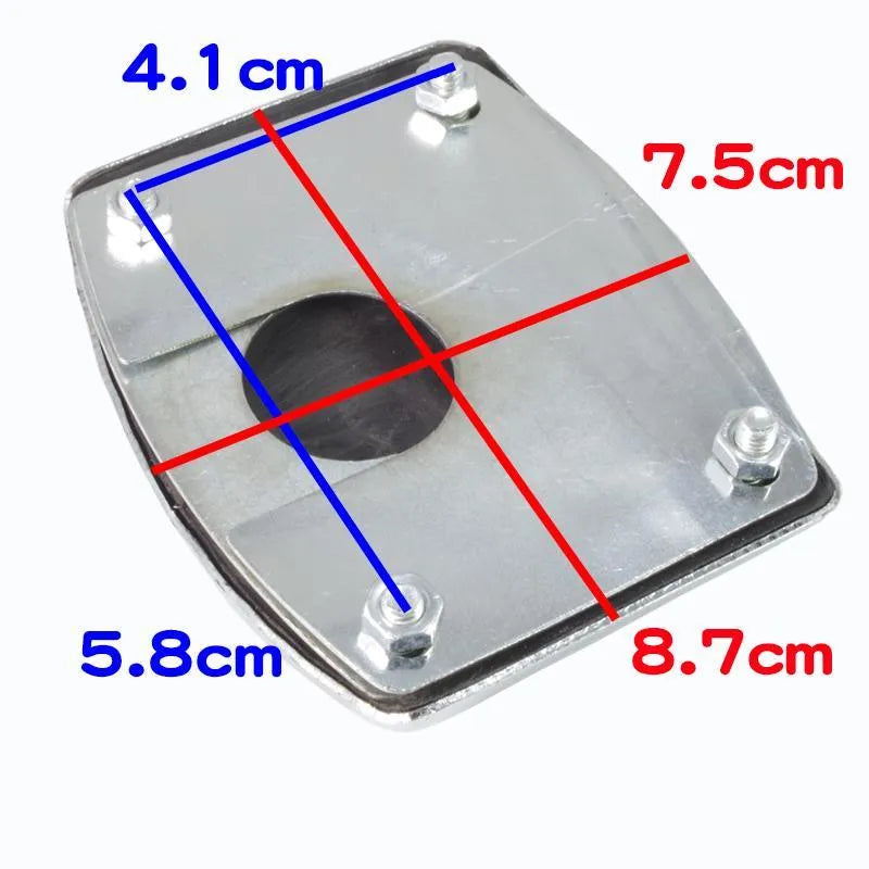 Metal motorcycle brake pedal skid plate replacement part shown from above