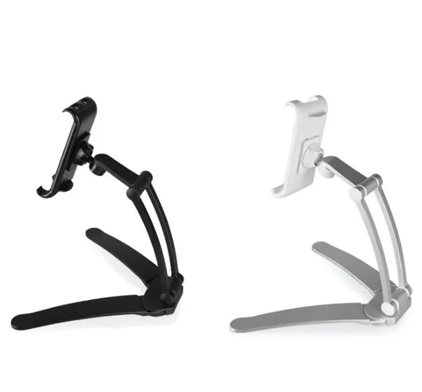 Silver aluminium alloy desktop tablet stand holding a tablet at an adjustable angle