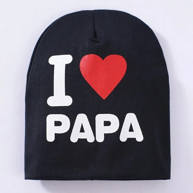 Baby winter hat in cotton-Lycra blend with printed love mama or love papa pattern