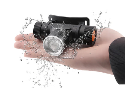 Black USB rechargeable T6 LED headlight with 1000 lumens, telescopic focus, and elastic headband on white background