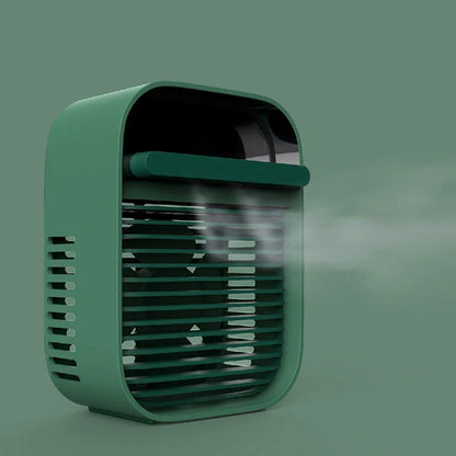 Desktop air conditioner fan with water spray feature in green