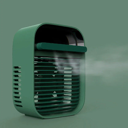 Desktop air conditioner fan with water spray feature in green