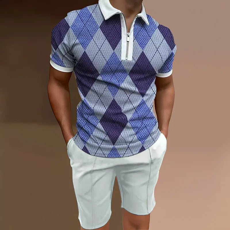 Men's printed polyester two-piece set comprising short sleeve top and matching shorts in casual colours