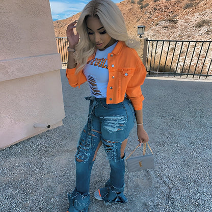 Orange cropped women's denim jacket with lapel collar, long sleeves 46cm, pockets, length 41cm, 0.35kg weight