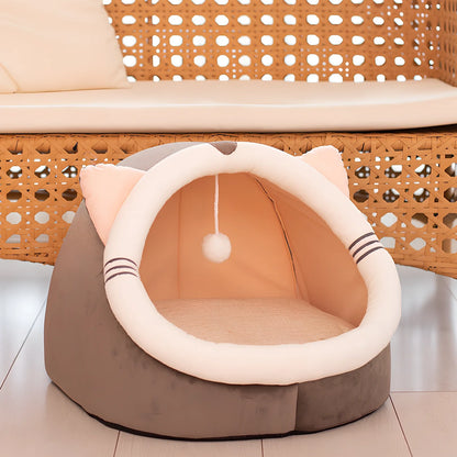 Closed cat litter kennel S size with winter plus velvet, for cats up to 6kg, camel pattern, enclosed design with mat