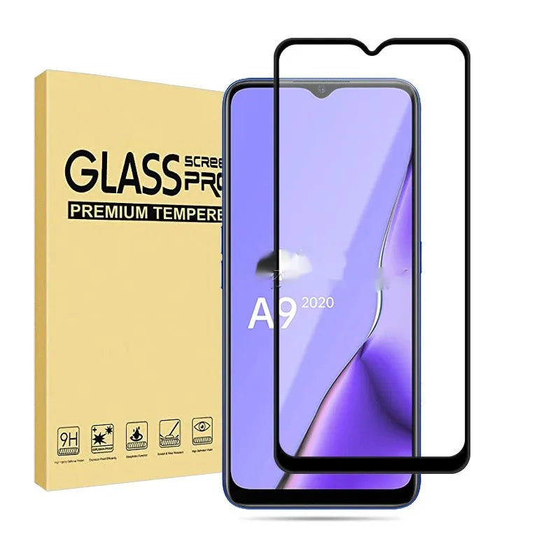 Full screen tempered glass protector for OPPO A9 2020 mobile phone showing full glue black design