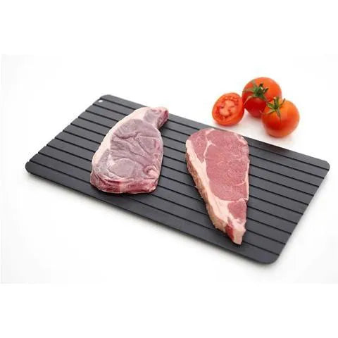 Black aluminium kitchen defrosting tray for thawing frozen food without electricity