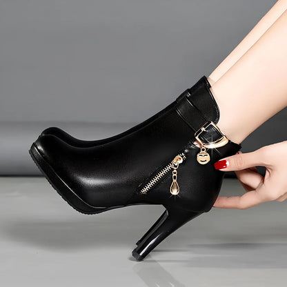 Black women's autumn PU leather boots with pointed toe, 6-8cm fine heel, and rubber sole for sizes 34-40