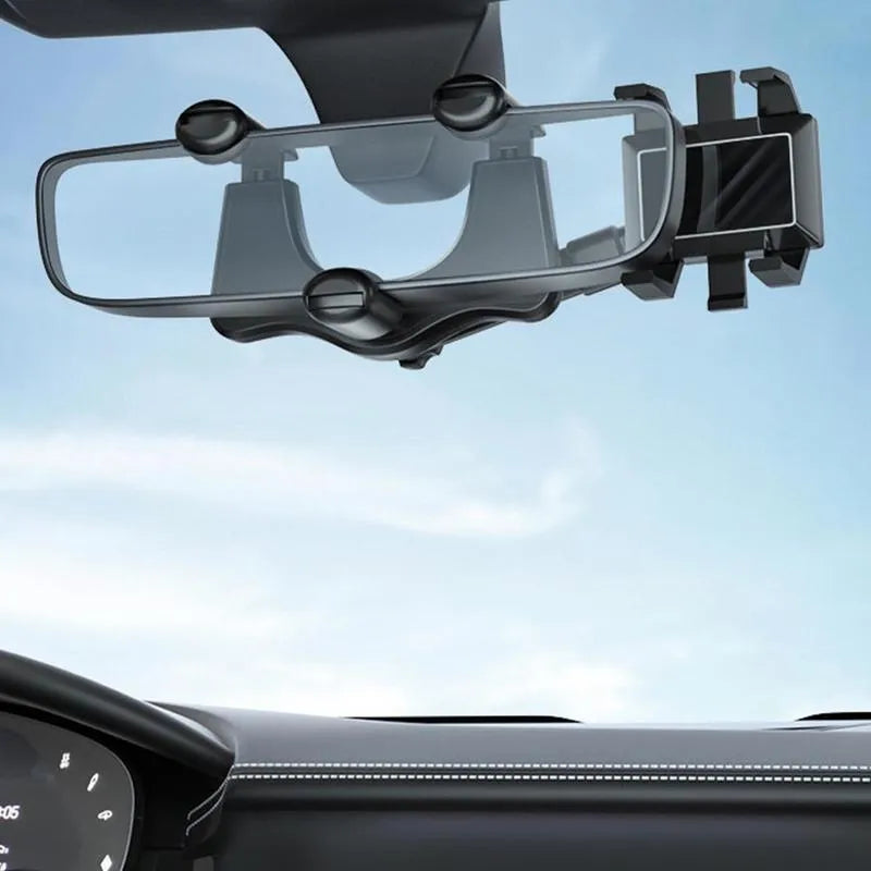 Black rearview mirror car phone holder with four-claw grip and adjustable arm mounted on a car mirror.