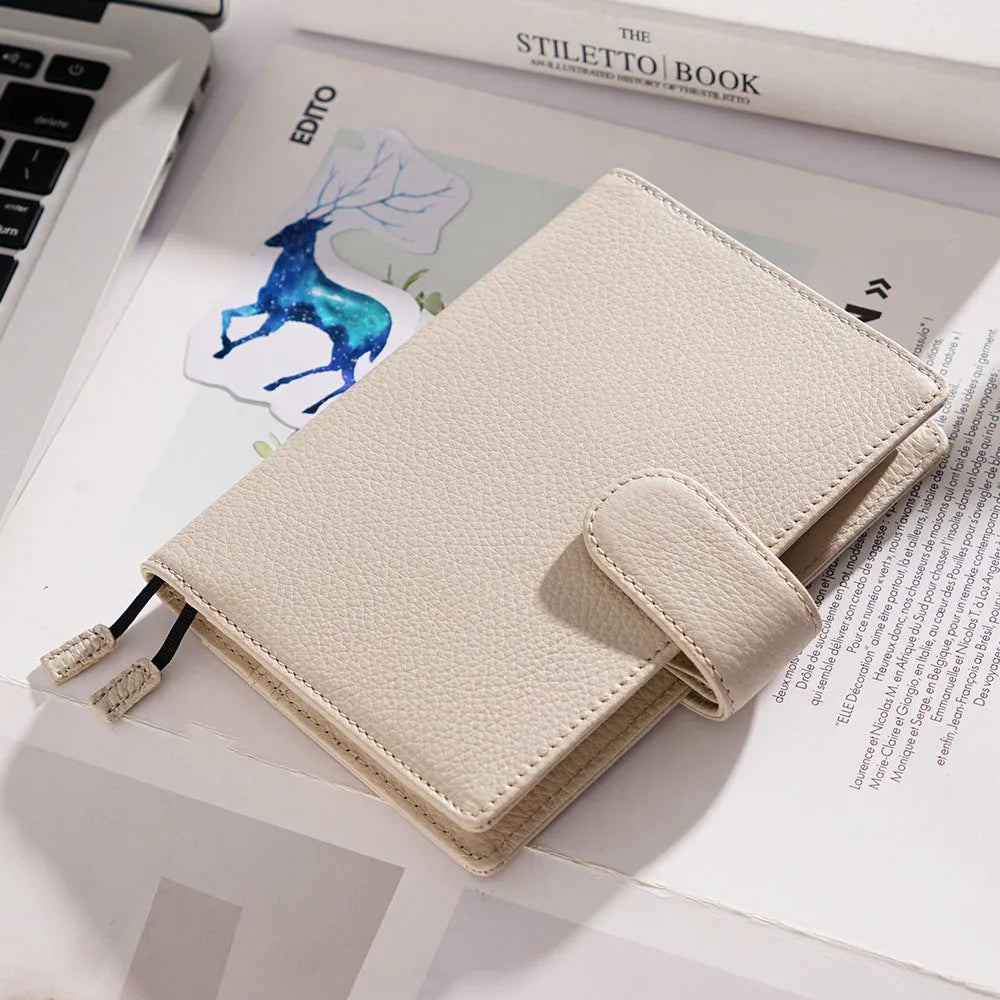 A6 leather notebook with Lychee pattern cowhide cover in off white, pink, or white colour options