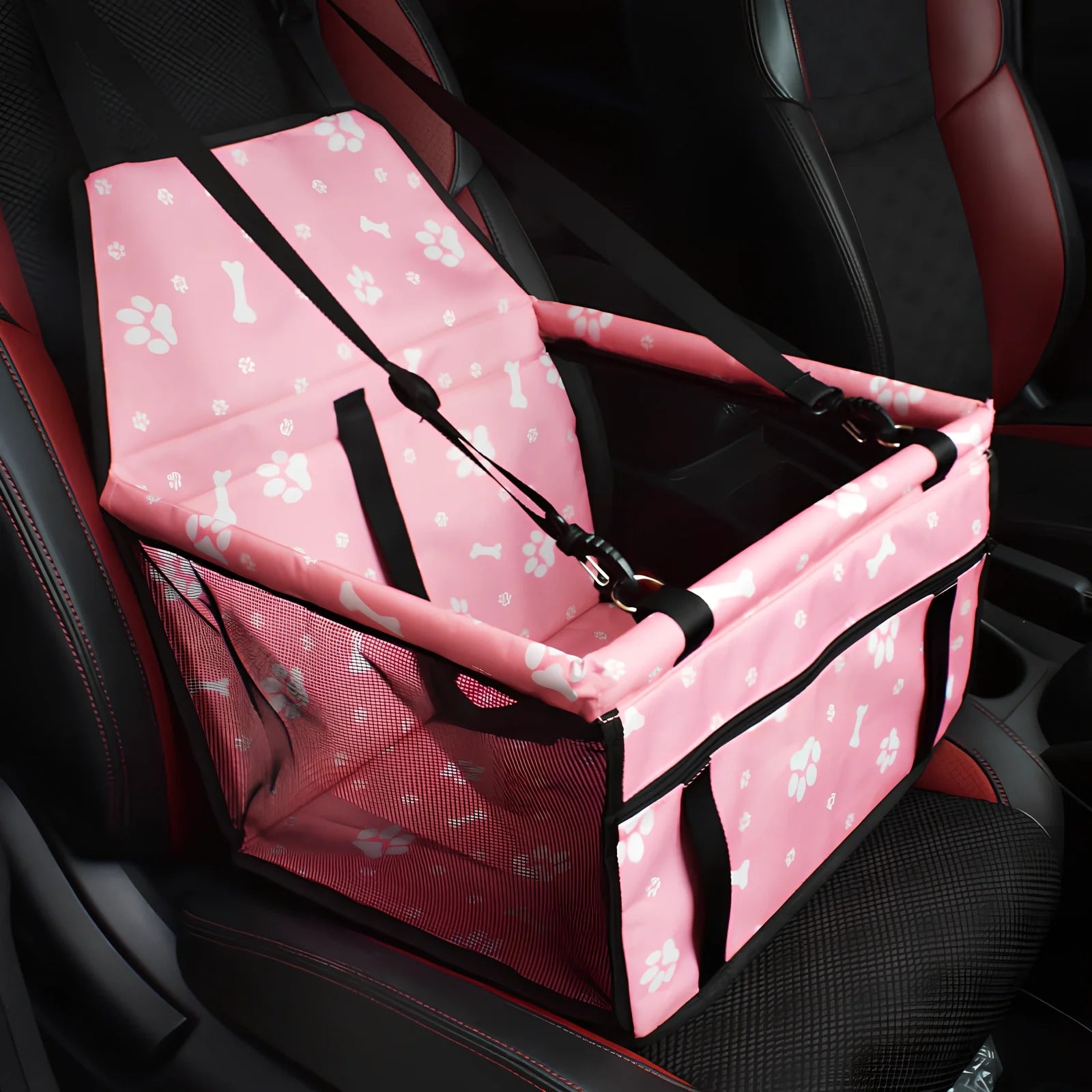 Waterproof pet car mat with headrest straps installed in vehicle, showing storage compartment and dimensions 400x300mm