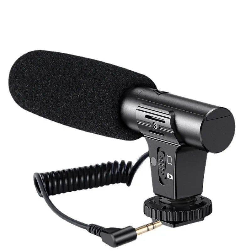 Black cardioid condenser microphone with 3.5mm TRRS plug for smartphone video recording.