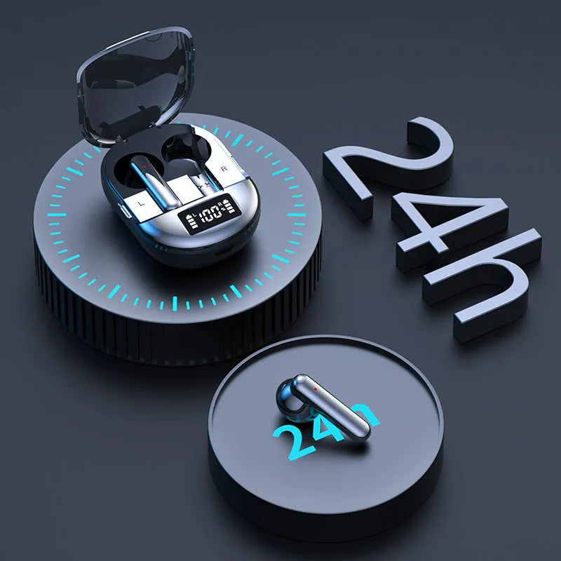 Black and white wireless Bluetooth earbuds with digital display charging case.