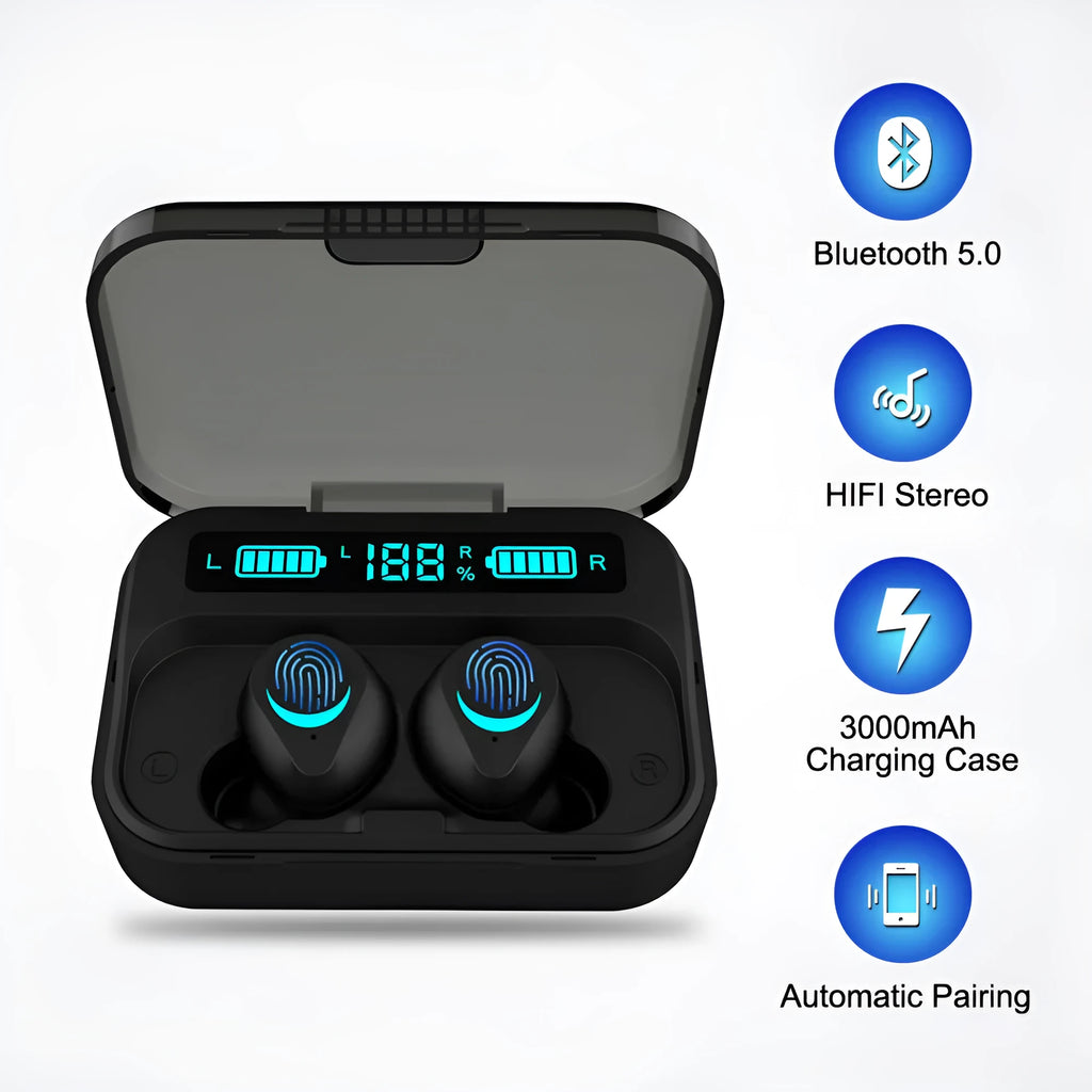 Black TWS Bluetooth wireless headset with earplug design and charging case