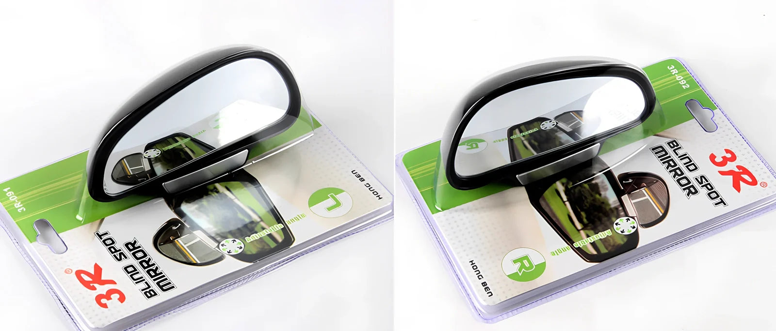 Black adjustable car blind spot mirror with 360-degree lens and 3M adhesive on rearview mount