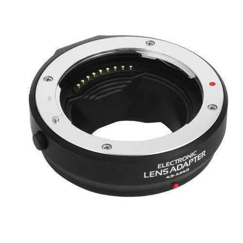 Black electronic adapter ring for Olympus 4/3 lenses to Micro Four Thirds cameras with metal bayonet