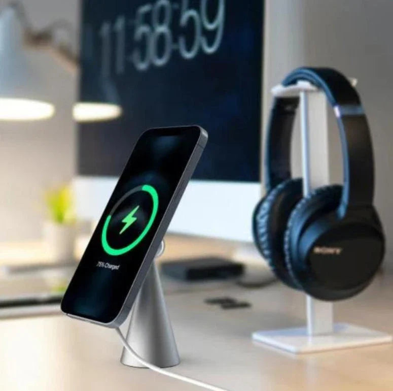 Magnetic desktop phone stand for iPhone Pro Max with wireless charging feature