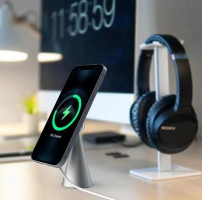 Magnetic desktop phone stand for iPhone Pro Max with wireless charging feature