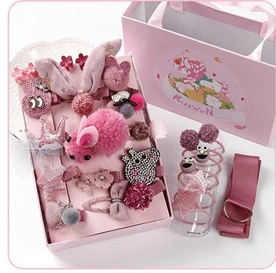 24-piece children's hair clip set with cartoon animal designs including blue fox and pink elephant