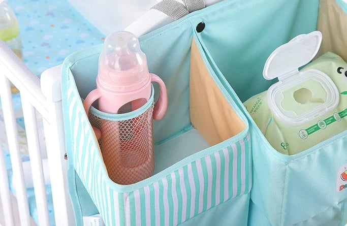 Universal baby crib hanging storage bag in durable Oxford cloth, available in multiple colours
