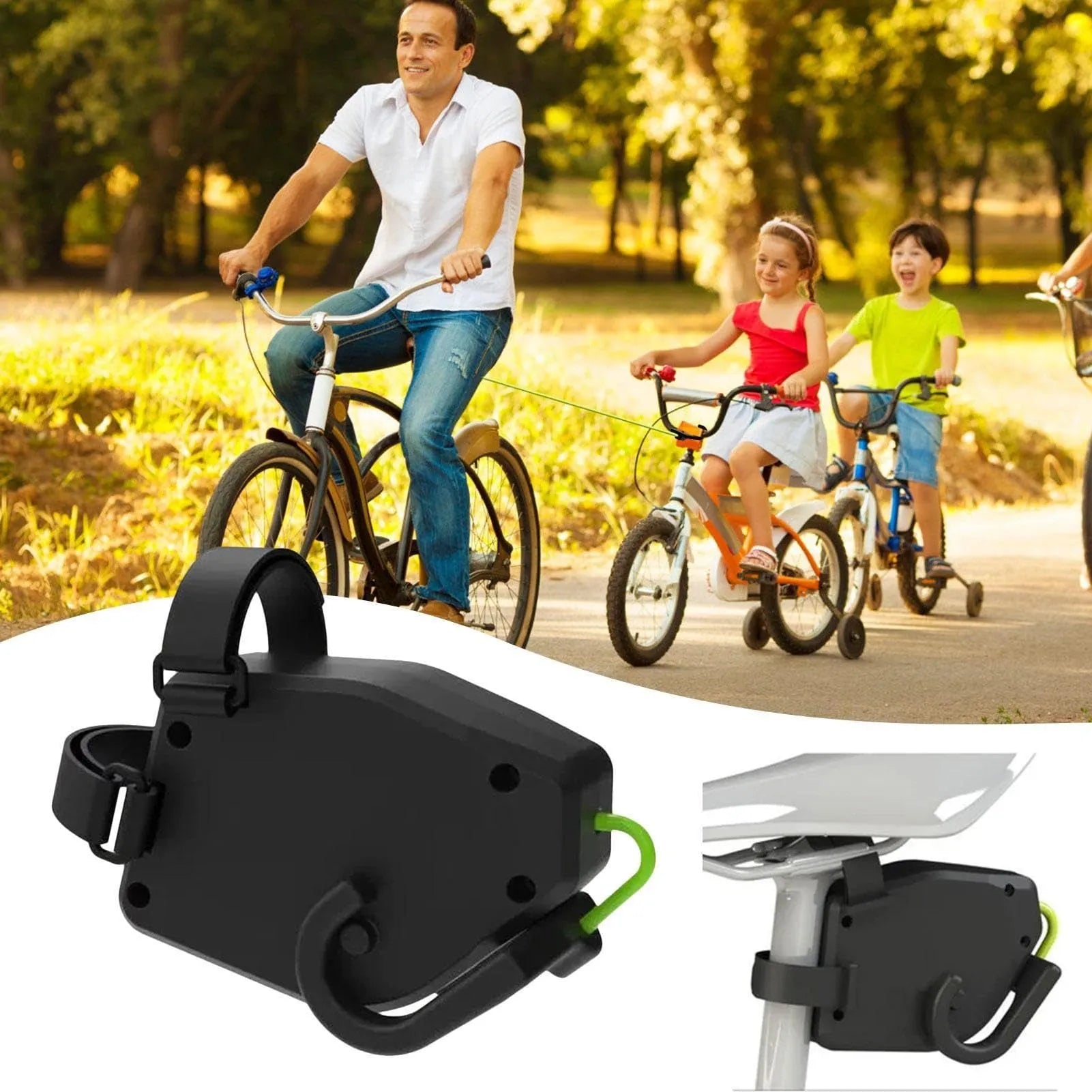 Black plastic and resin bicycle trailer rope for attaching child trailers to adult bicycles