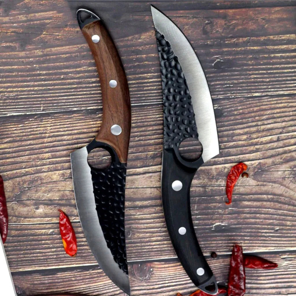 Butcher knife set with small scimitar skinning boning knife and leather sheath