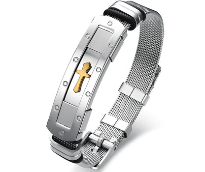 Men's adjustable stainless steel cross Bible charm bracelet, 12mm width, 17.5-22cm length, rust-resistant 316L metal with rope chain