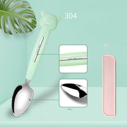 Stainless steel sawtooth scraping spoon for grapefruit and desserts in sky blue, cherry pink, and mint green