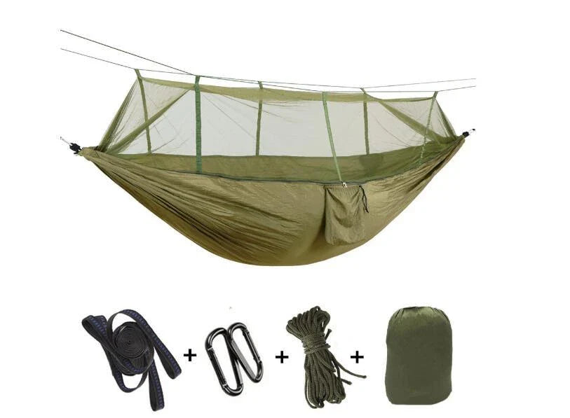 Parachute hammock with mosquito net in various colors and sizes, ideal for outdoor adventures and relaxation