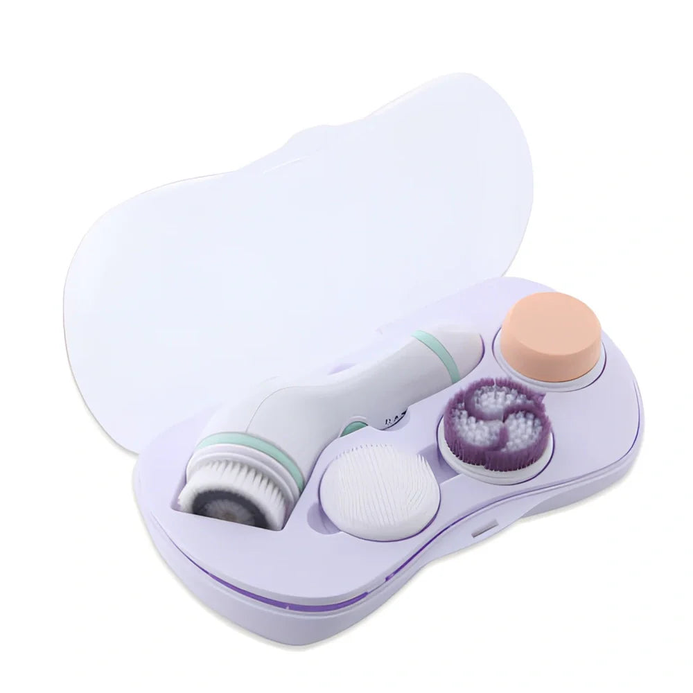 Blue 4-in-1 electric facial cleansing brush with exfoliating head, soft sponge, silicone brush, and travel case for deep pore cleaning