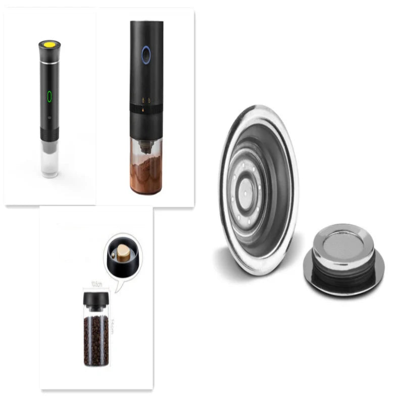 Portable 3-in-1 espresso maker with electric grinder and capsule compatibility in various colours