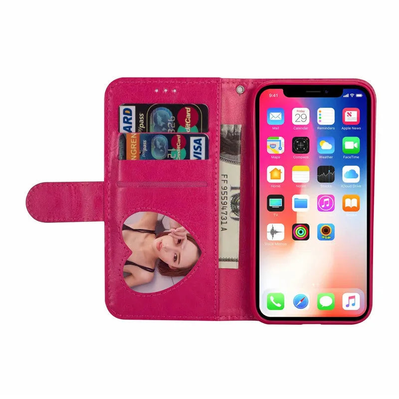 Black PU leather zipper wallet case for iPhone with card slots visible and zip open.
